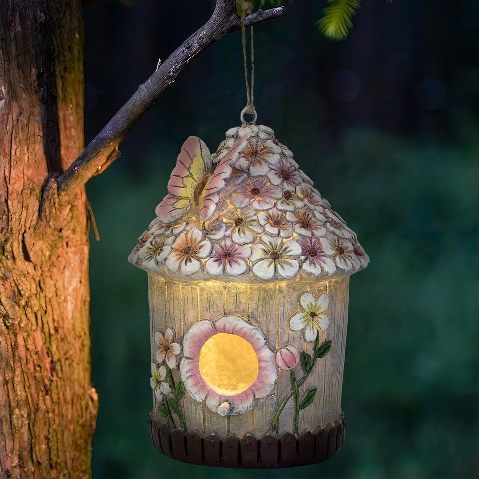 Xintim hanging bird house with solar light, front view ready for small birds.