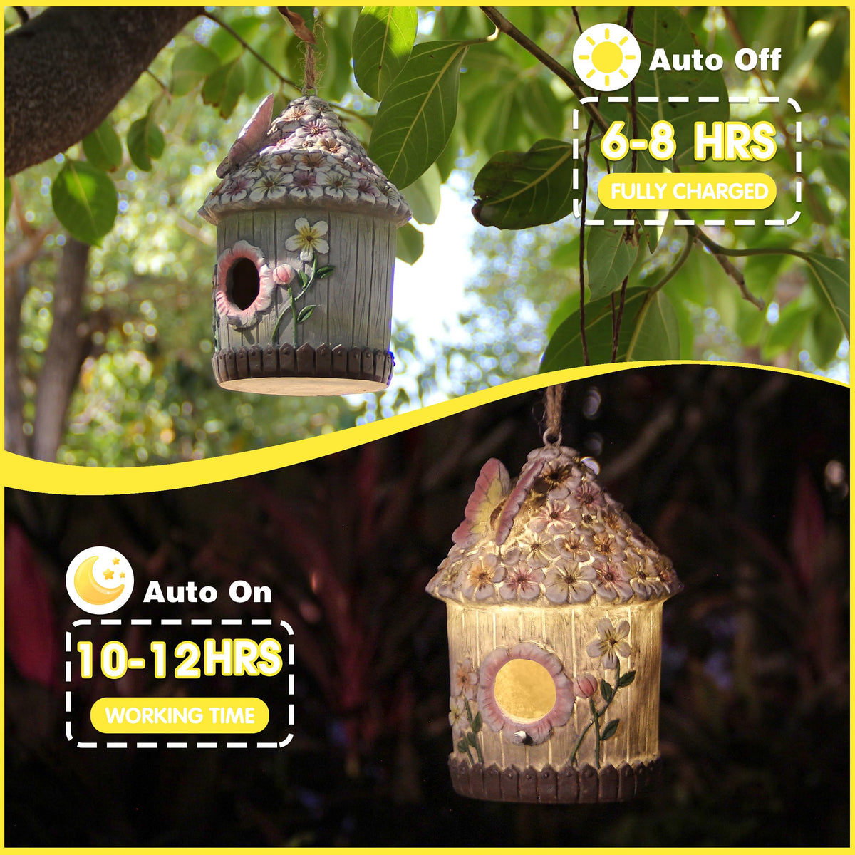 Xintim bird house solar light side view, weatherproof and easy to hang.