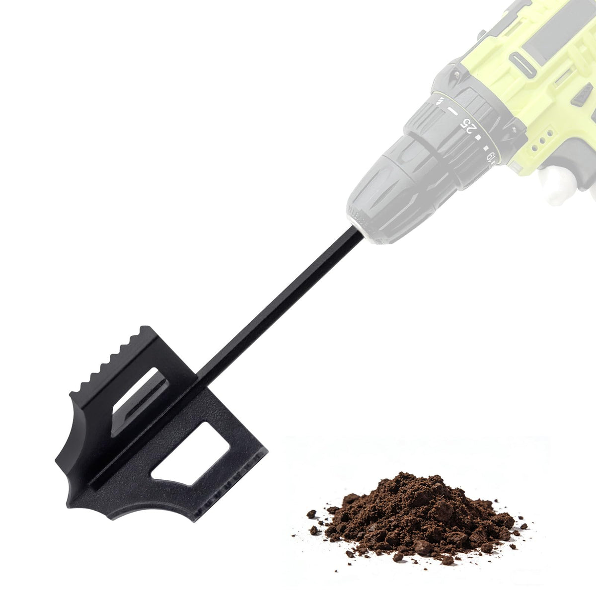 Xintre 4-in-1 soil cultivator attached to a drill for fast bed prep.