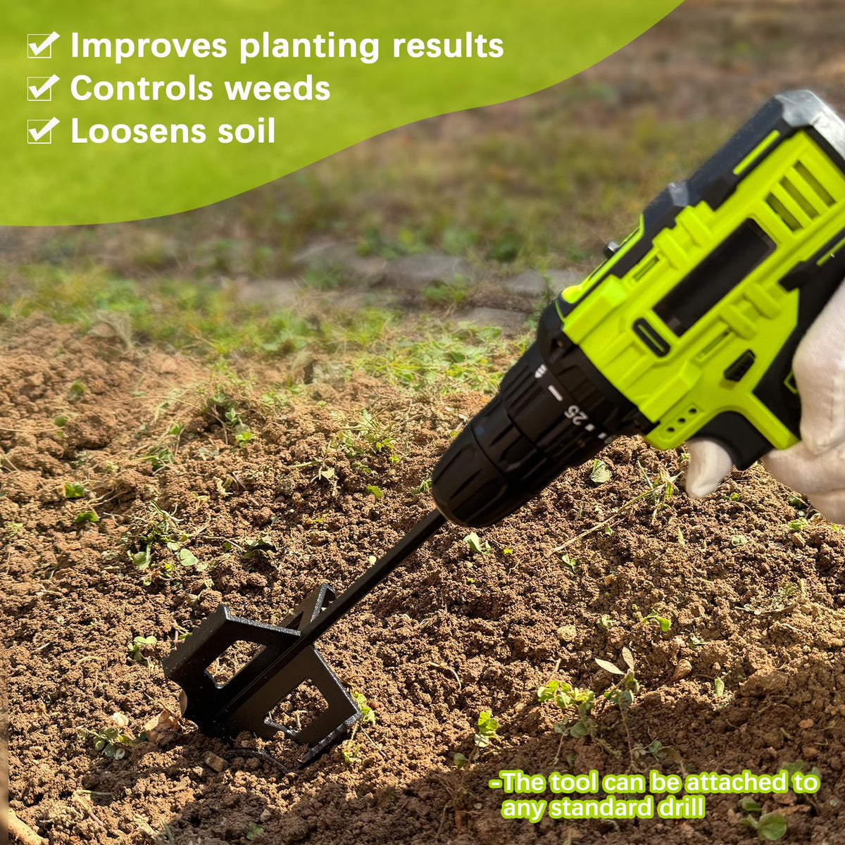 Xintre planter auger in action loosening soil in raised beds.