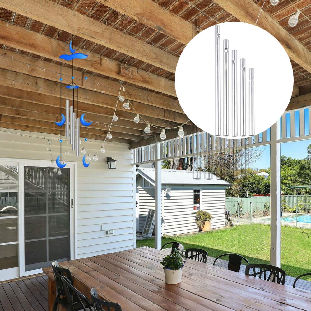 Close-up of aluminum wind chime tubes ready to hang outdoors.