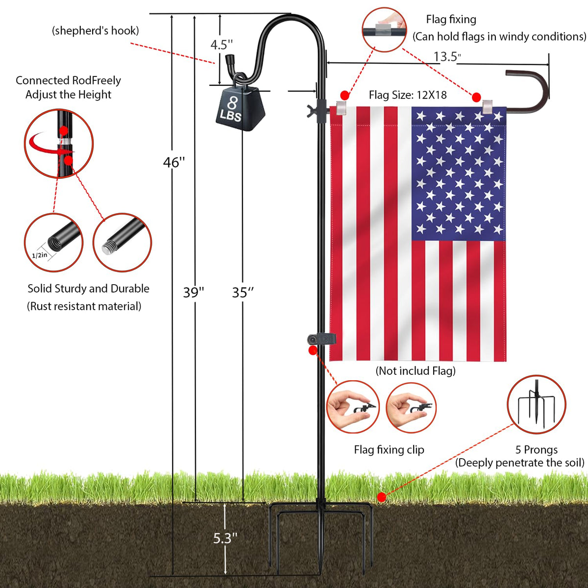 XIYUEDHHYX dual-purpose shepherd hook displayed for solar lights and decor.