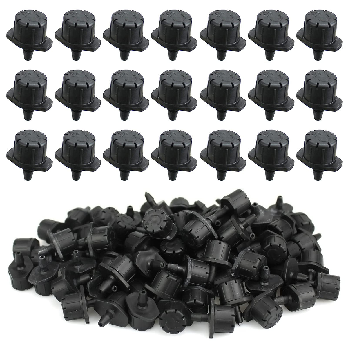 Xloey 100pcs drip emitter package for lawn and garden irrigation.