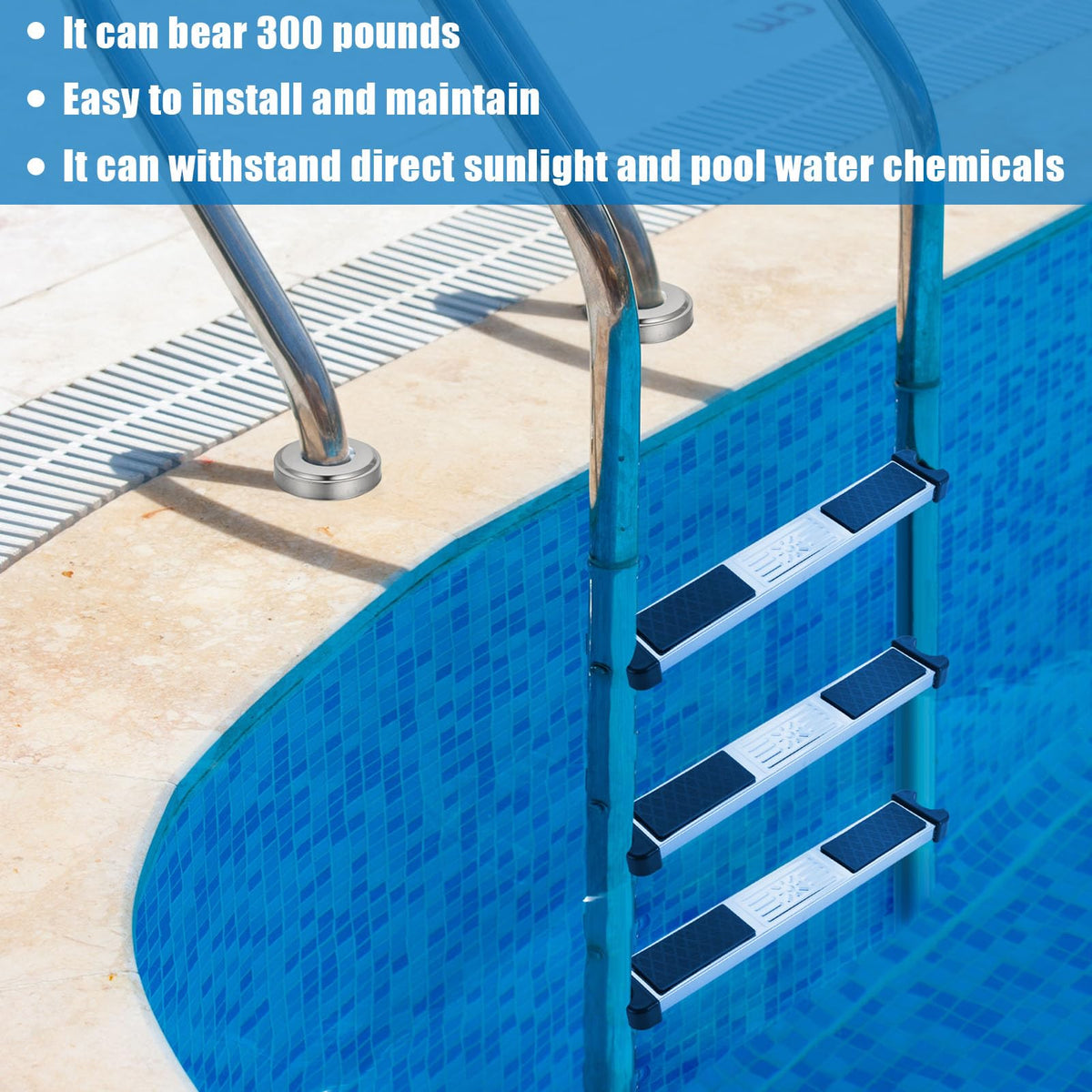 XLSXEXCL heavy-duty stainless steel steps supporting up to 300 pounds.