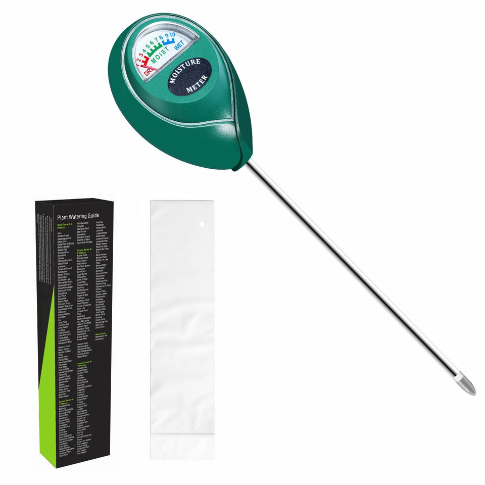 XLUX soil moisture meter probe in soil shows root-zone moisture.