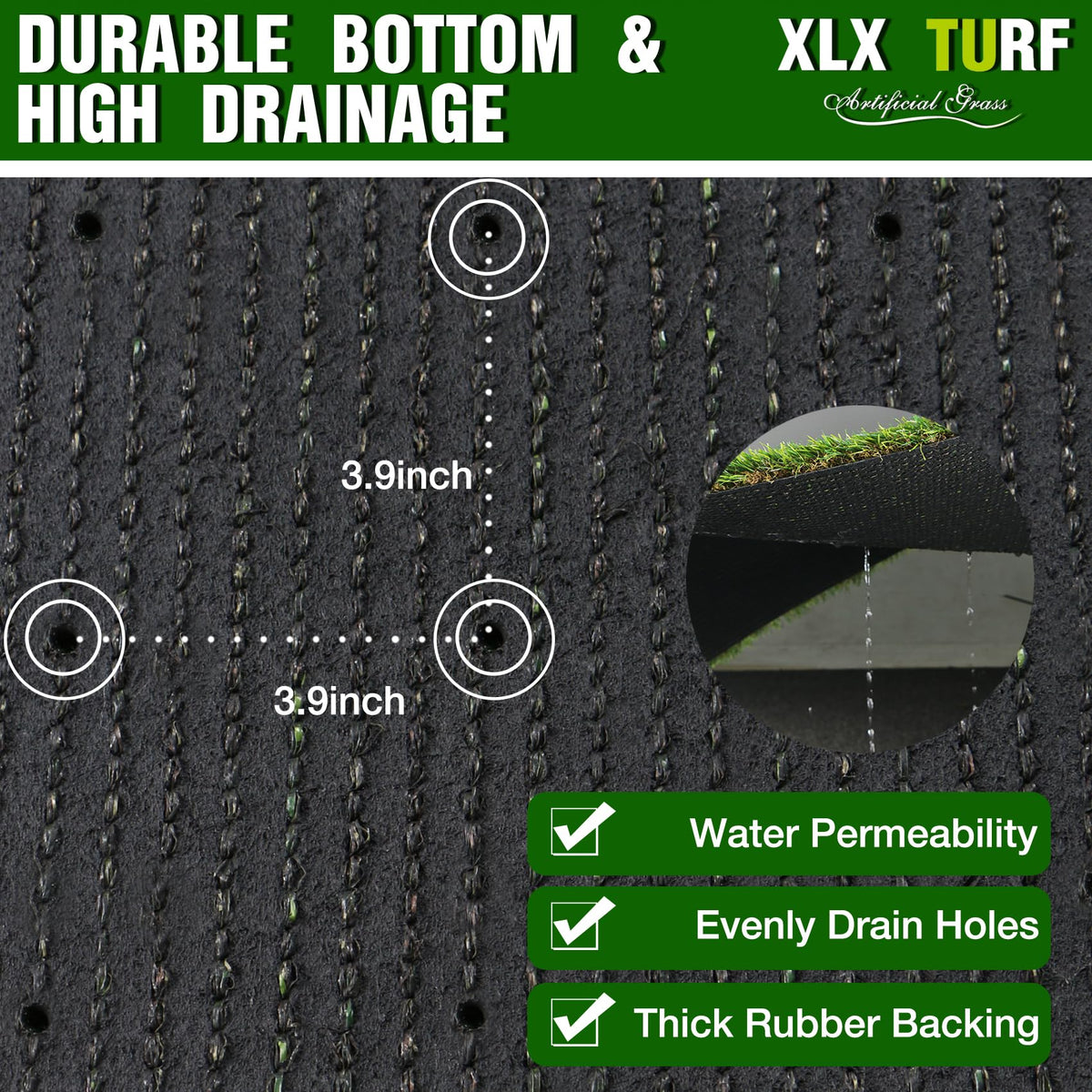 XLX TURF drainage holes on the back enable fast drying after rain.