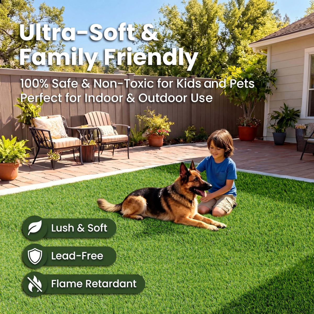 XLX TURF pet-friendly artificial grass for dogs, soft under paws.