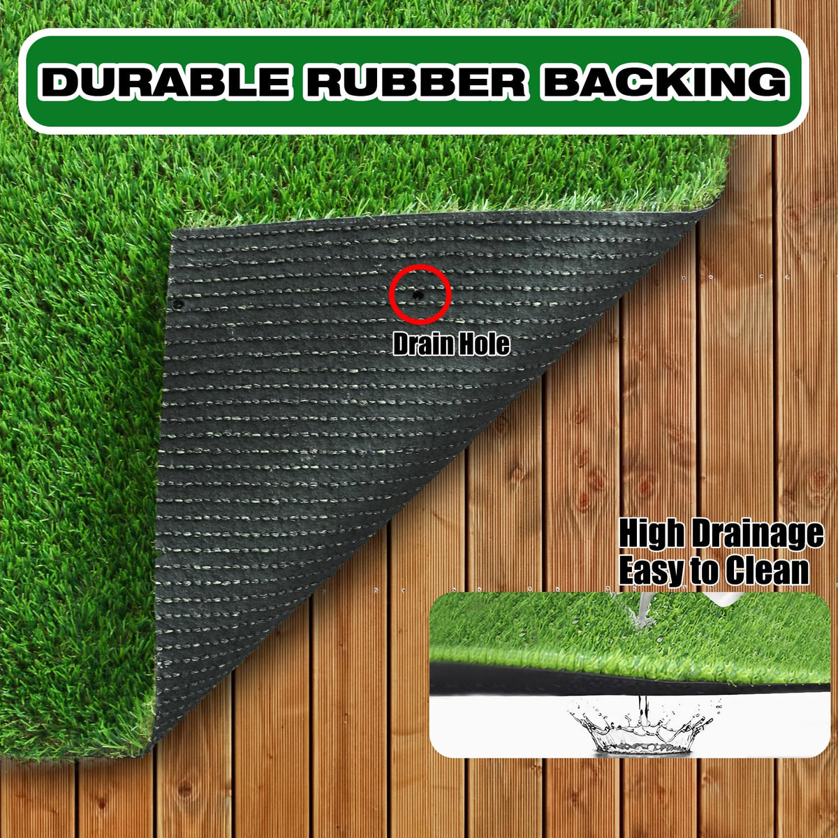 XLX TURF waterproof rubber-backed grass pad resists weather and puddles.