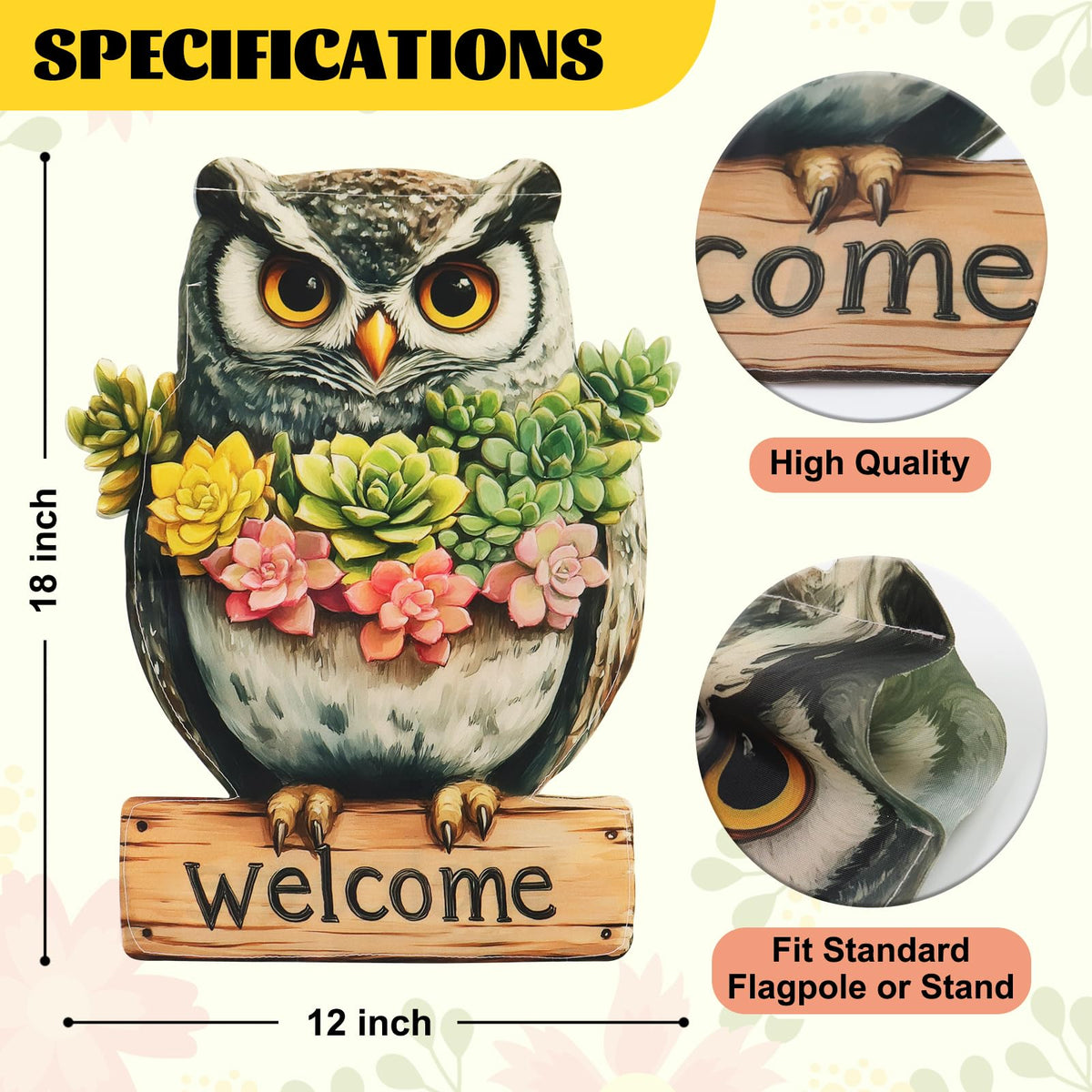 Xmoyaas Farmhouse porch owl flag displayed to welcome guests seasonally.