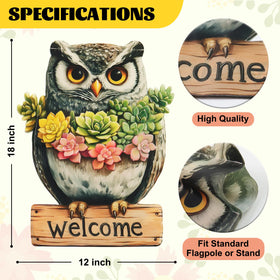 Xmoyaas Farmhouse porch owl flag displayed to welcome guests seasonally.