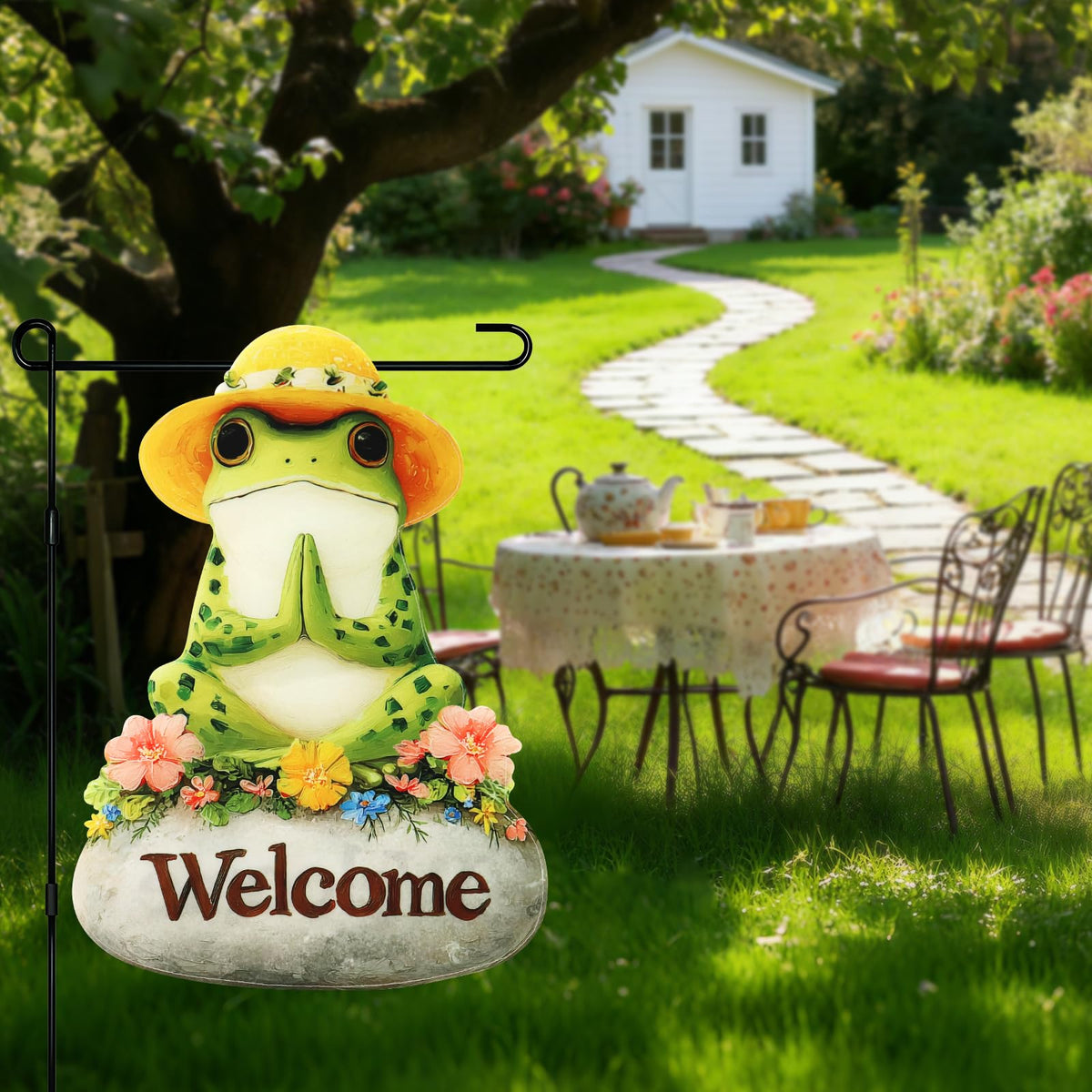 Xmoyaas frog yoga flag with flower accents boosts curb appeal outdoors.