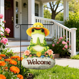 Xmoyaas garden flag with welcoming design and floral accents enhances curb appeal outdoors.