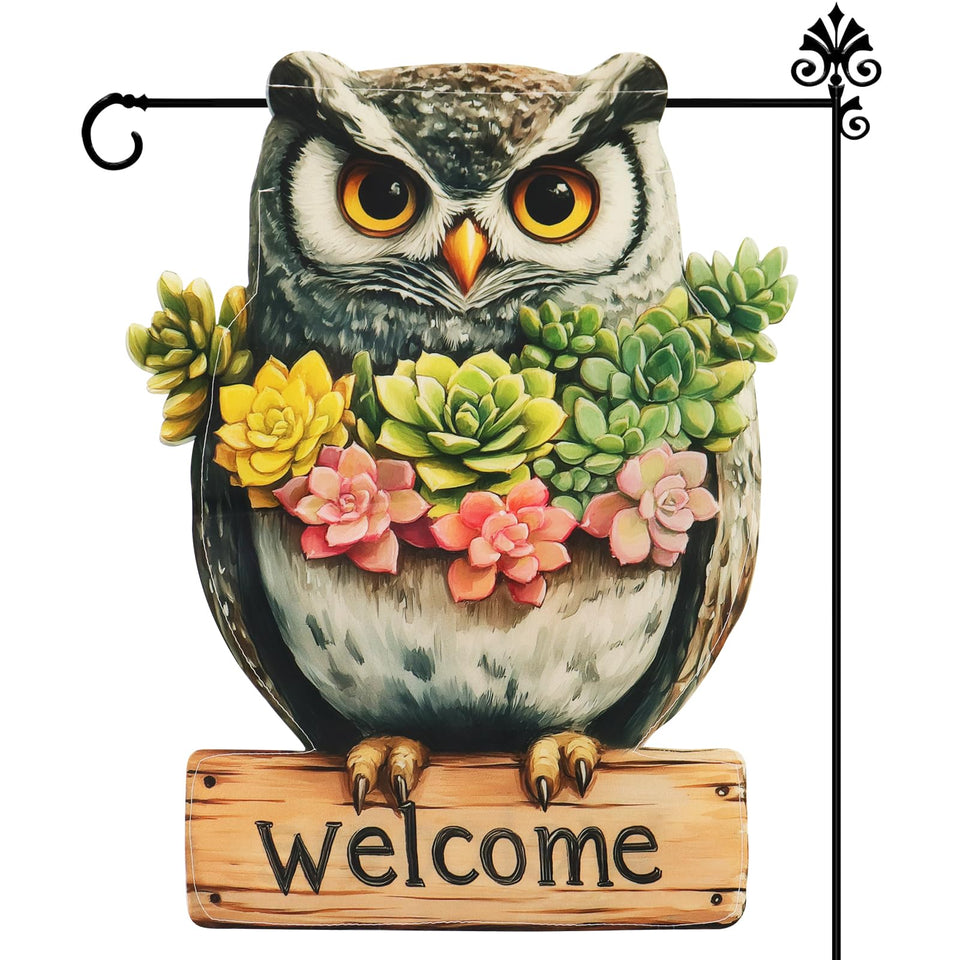 Xmoyaas Owl Garden Flag front view shows double-sided print for clear reading from both sides.