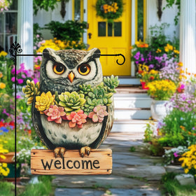 Xmoyaas Owl Garden Flag side view highlights vibrant colors and durable polyester material.
