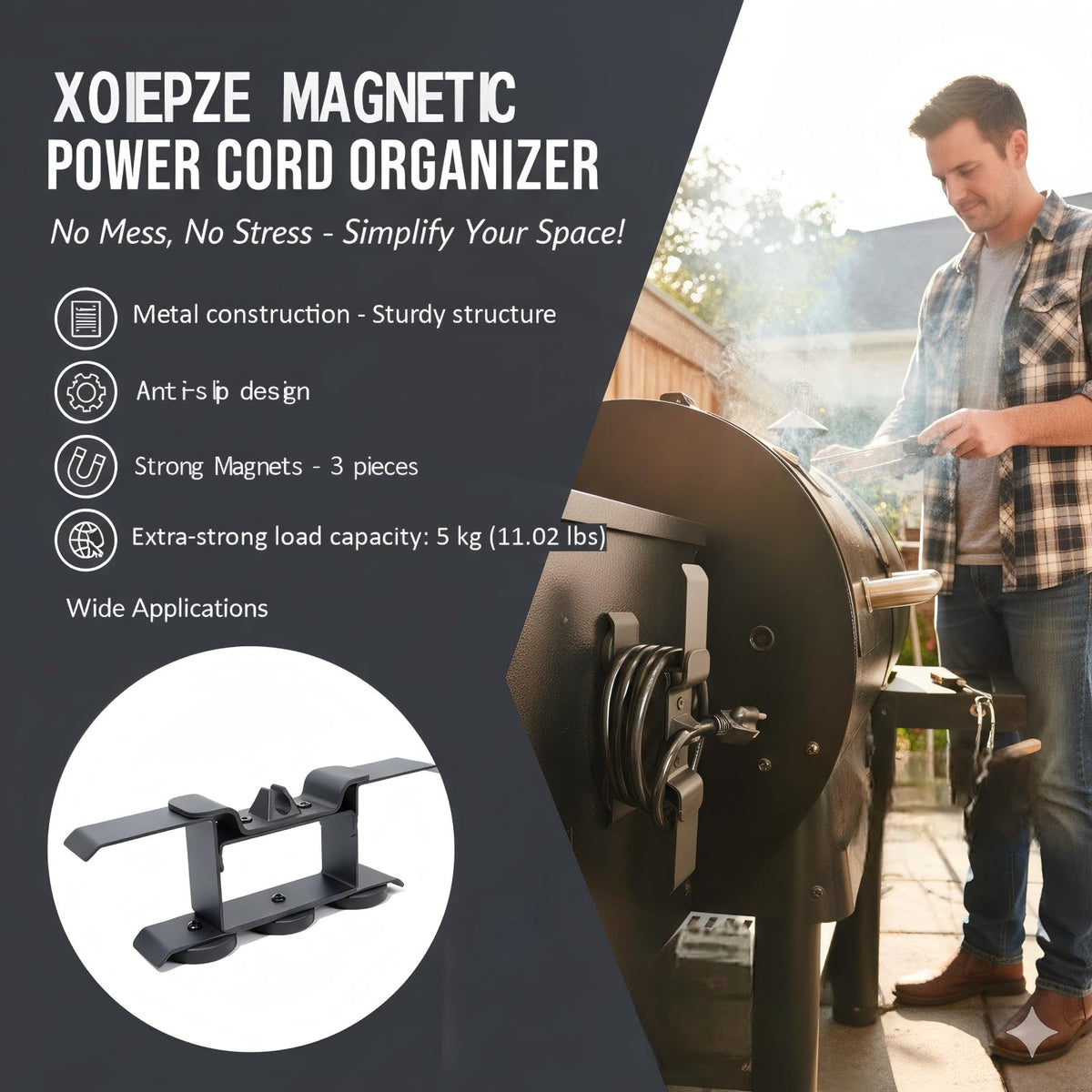 XOIEPZE cord organizer attached to the pellet grill side for clutter-free grilling.