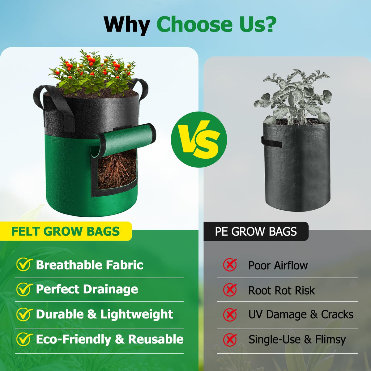 Xpatee versatile grow bags suitable for potatoes, tomatoes, peppers, and herbs.