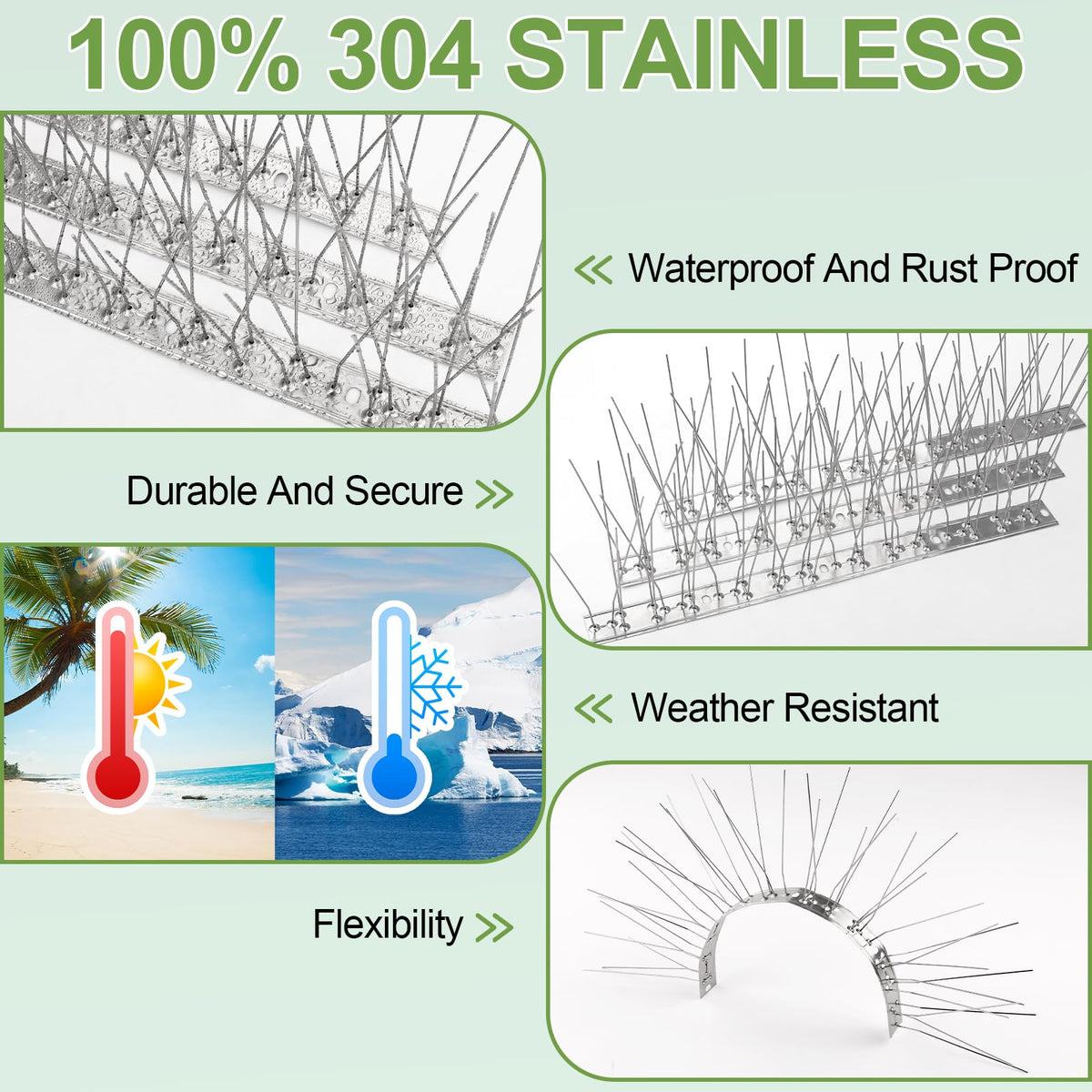 XPCARE 360-degree coverage spikes protecting ledges and railings from roosting birds.