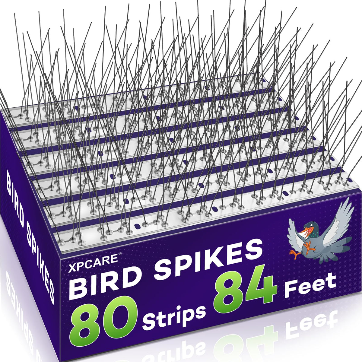 XPCARE 80-feet bird spikes package on balcony to deter roosting pigeons and droppings.