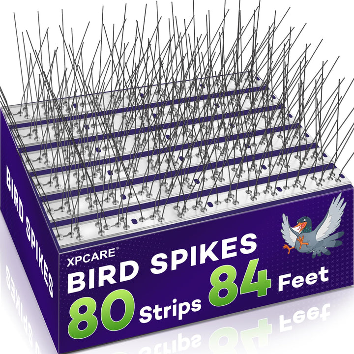 XPCARE 80-feet bird spikes package on balcony to deter roosting pigeons and droppings.