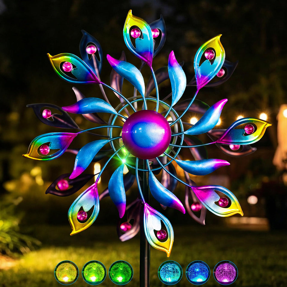 XPSCOCO 52-inch solar wind spinner peacock-tail blades add daytime motion.