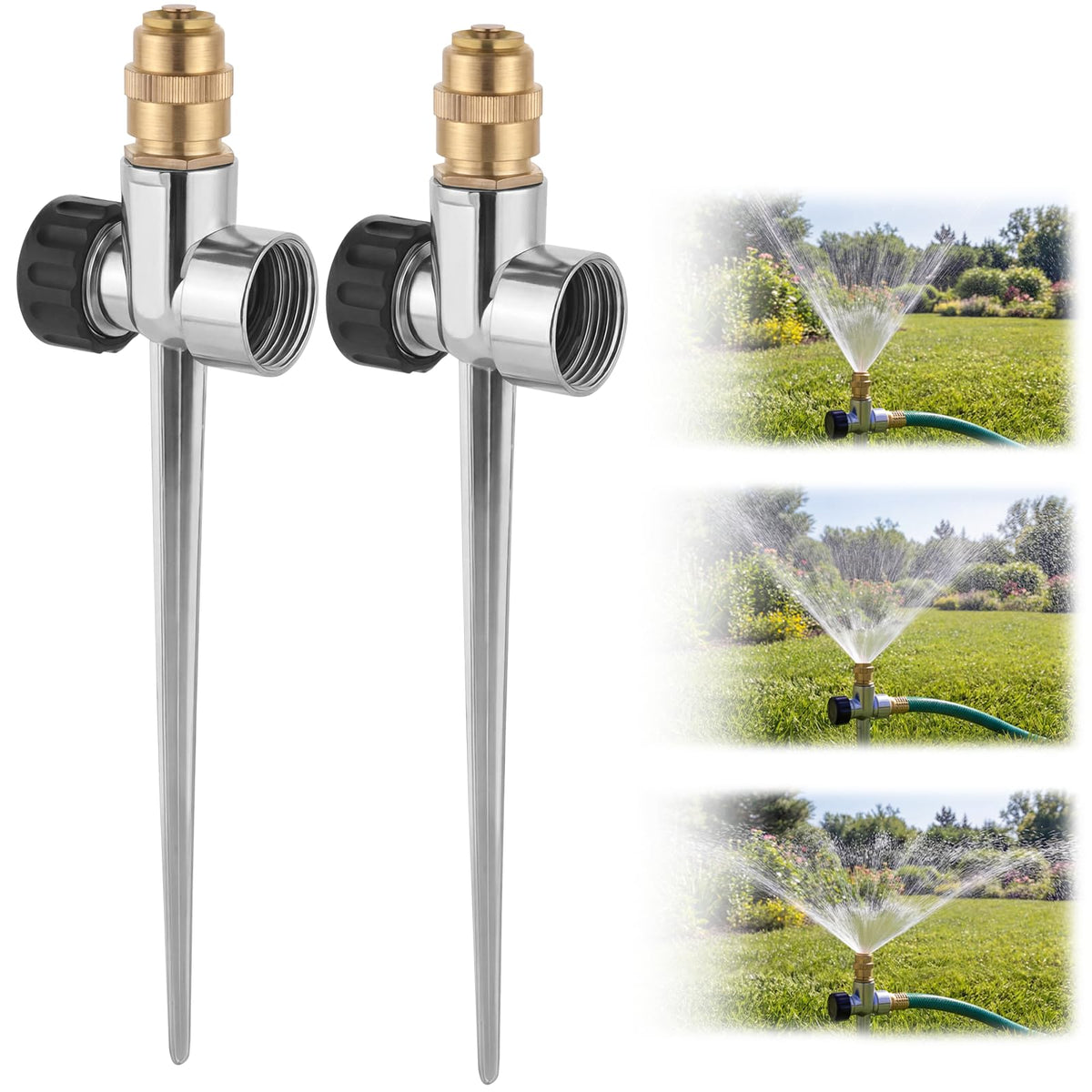 XRBZYQA lawn sprinkler with aluminum base and brass nozzle for durability.