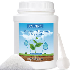 XSEINO 2LB soil moisture crystals bottle showing easy, long-lasting hydration for potted plants.