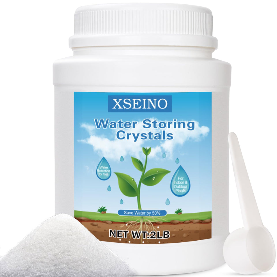 XSEINO 2LB soil moisture crystals bottle showing easy, long-lasting hydration for potted plants.