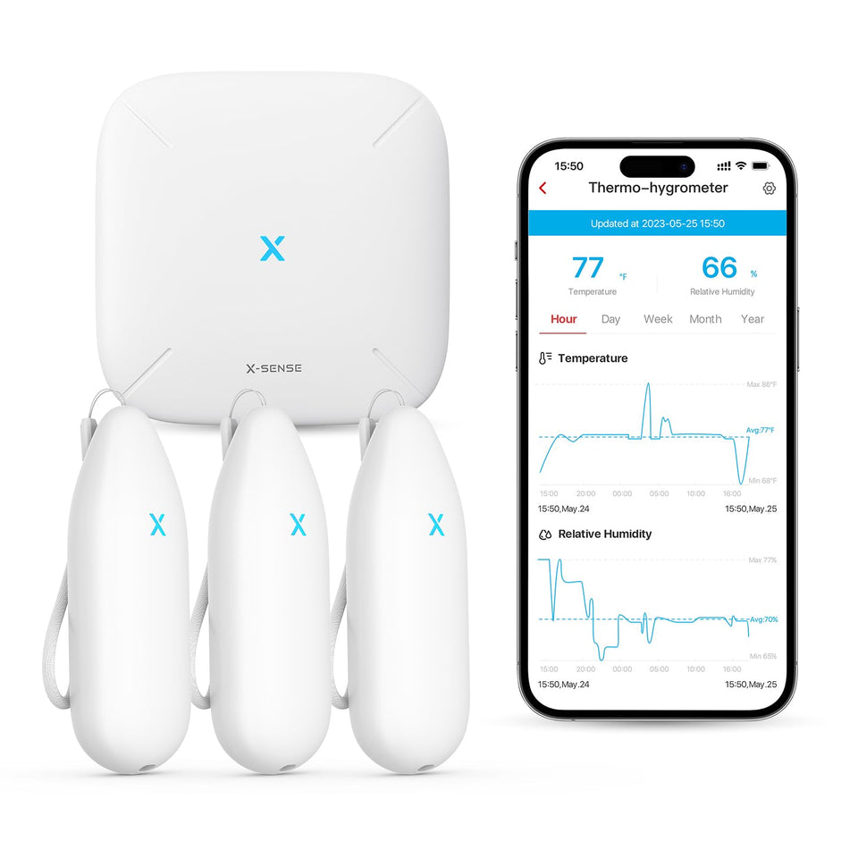 X-Sense indoor thermometer with base station for real-time room temperature monitoring.