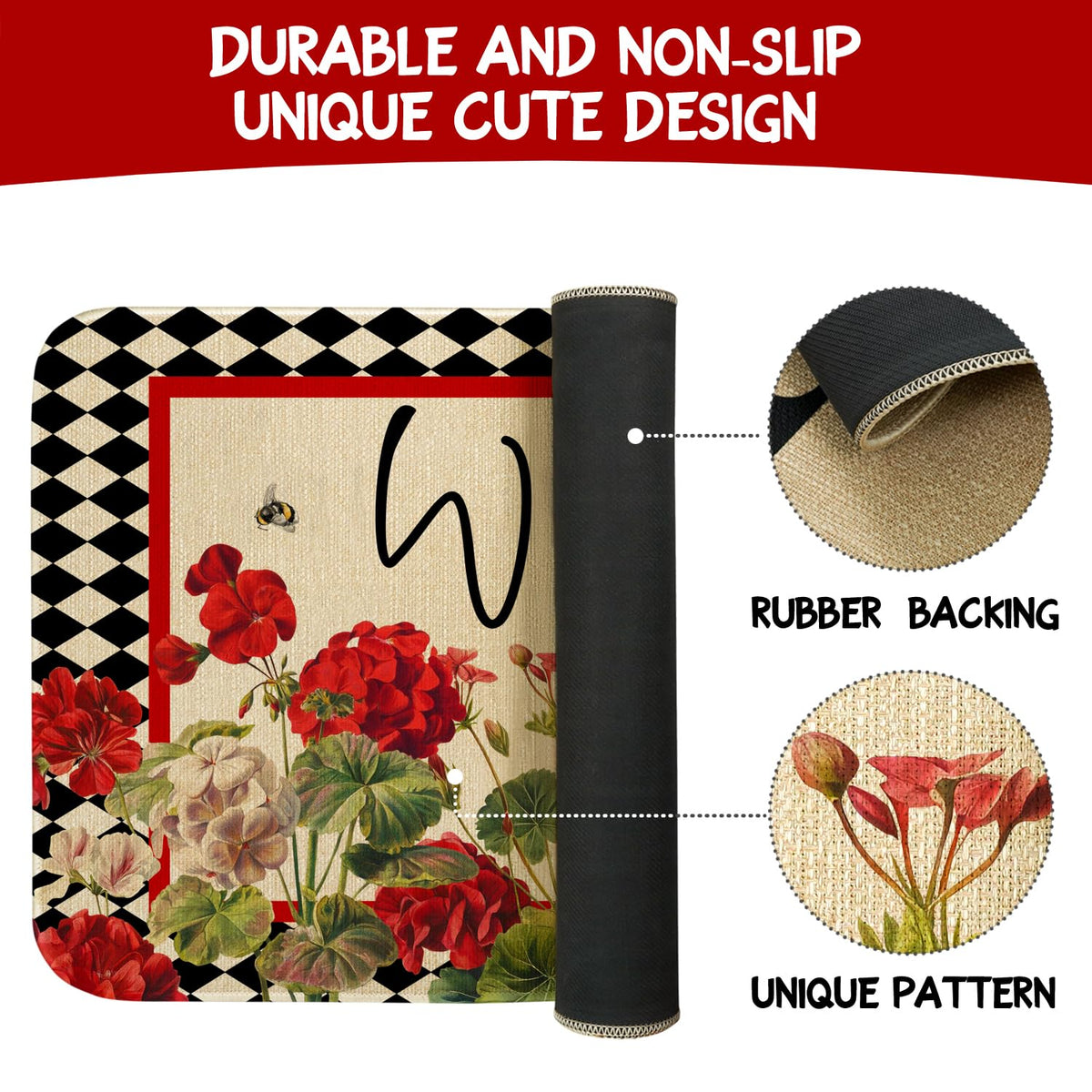 Xsinufn 17x30-inch mat with geranium-bee-red-floral buffalo-plaid fits most doors.