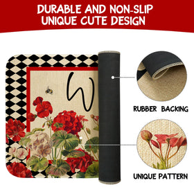 Xsinufn 17x30-inch mat with geranium-bee-red-floral buffalo-plaid fits most doors.