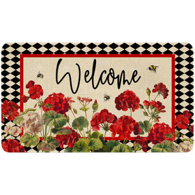 Xsinufn door mat with geranium-bee-red-floral buffalo-plaid for a durable entryway welcome.