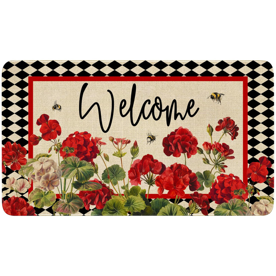 Xsinufn door mat with geranium-bee-red-floral buffalo-plaid for a durable entryway welcome.