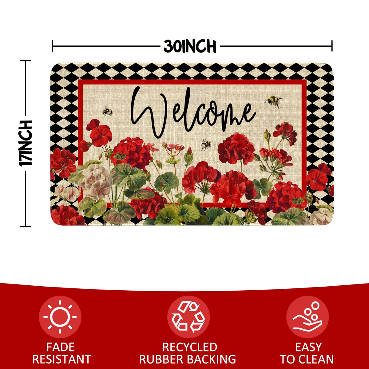 Xsinufn eco-friendly linen mat with geranium-bee-red-floral buffalo-plaid, year-round use.