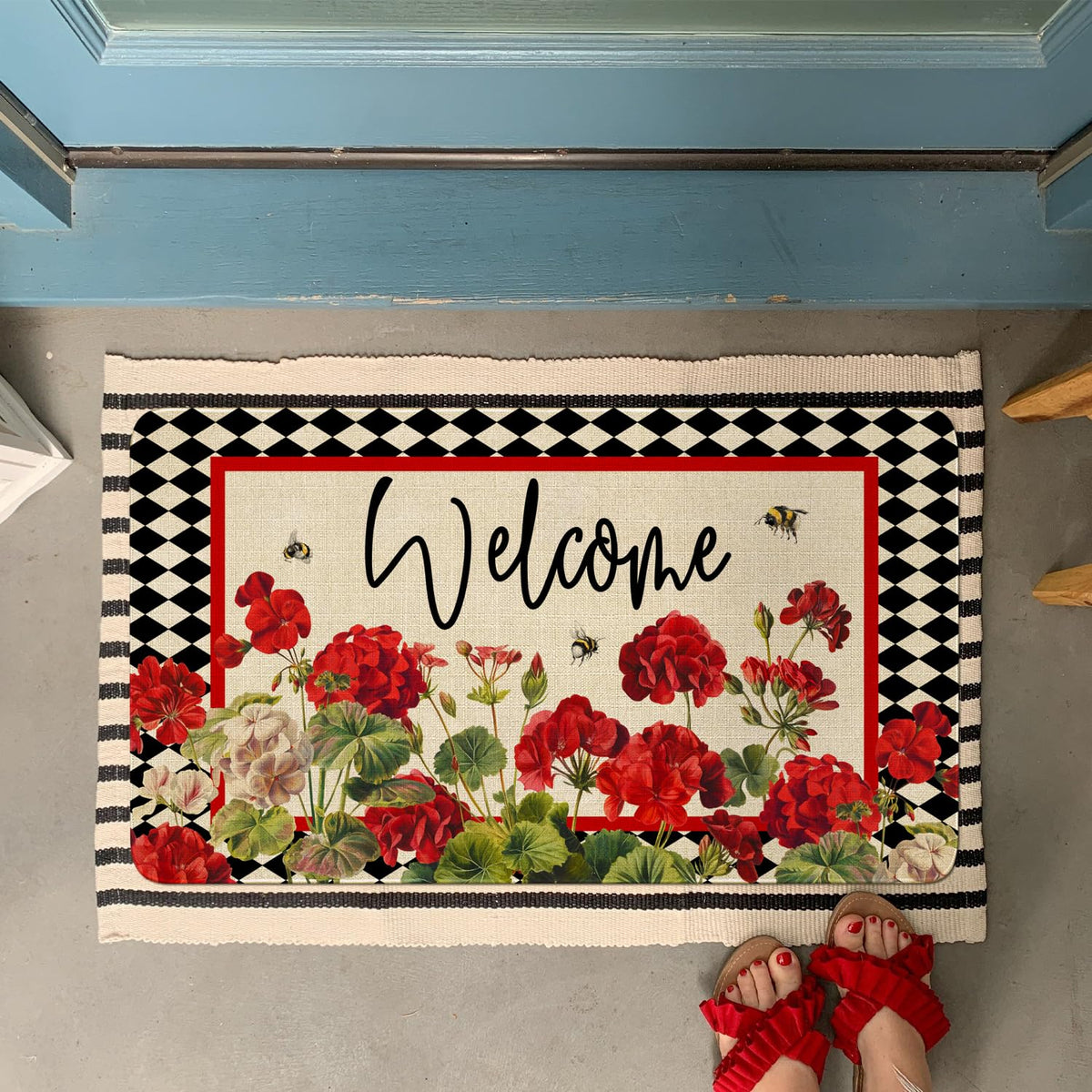 Xsinufn geranium-bee-red-floral buffalo-plaid entryway mat brightens spring curb appeal.