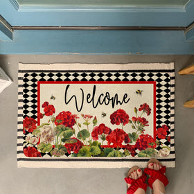 Xsinufn geranium-bee-red-floral buffalo-plaid entryway mat brightens spring curb appeal.