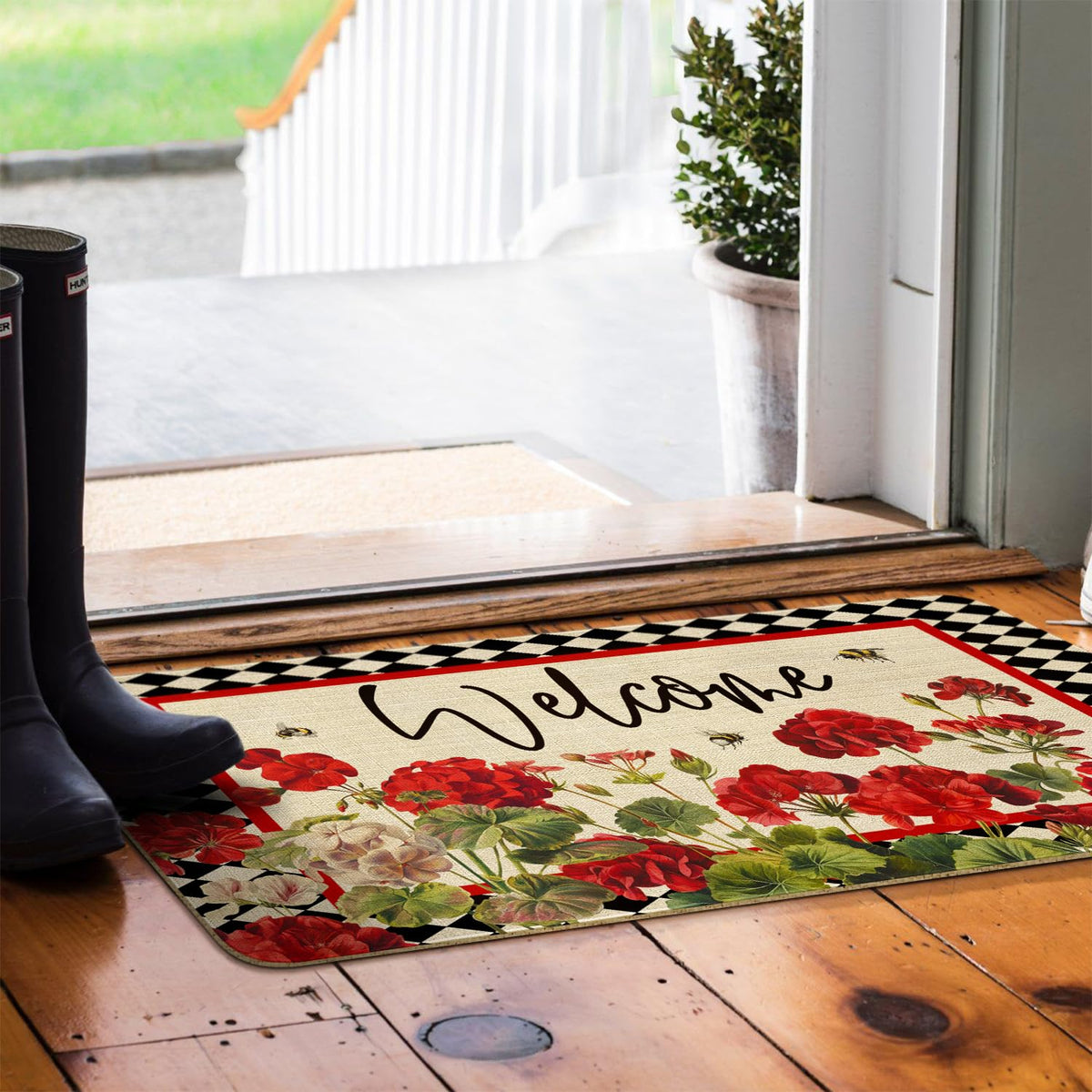 Xsinufn front-door mat with geranium-bee-red-floral buffalo-plaid absorbs moisture.