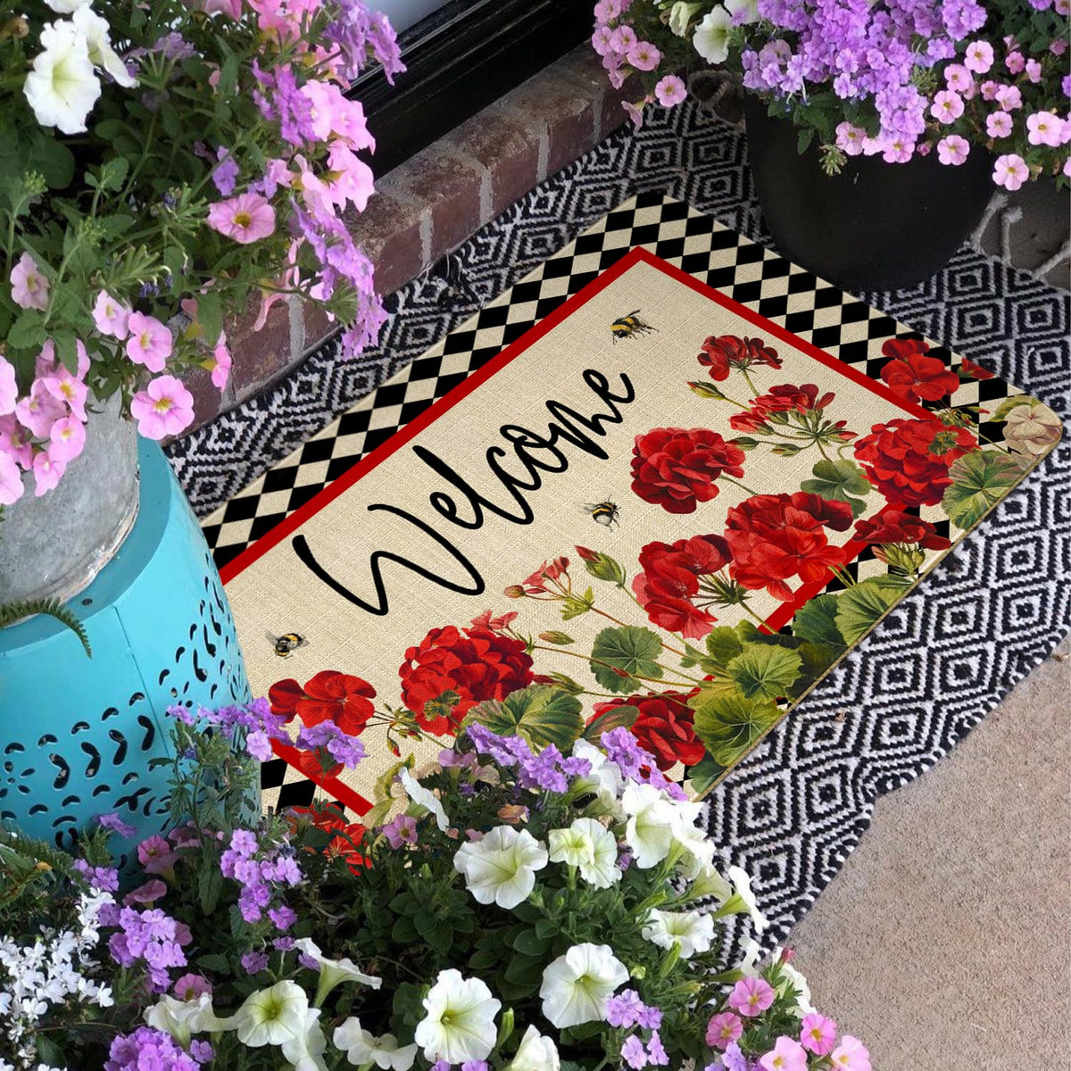 Xsinufn outdoor-indoor doormat with geranium-bee-red-floral buffalo-plaid stays in place.