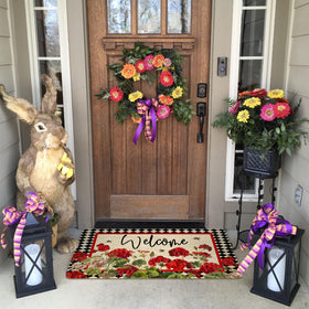 Xsinufn washable doormat in geranium-bee-red-floral buffalo-plaid cleans easily.