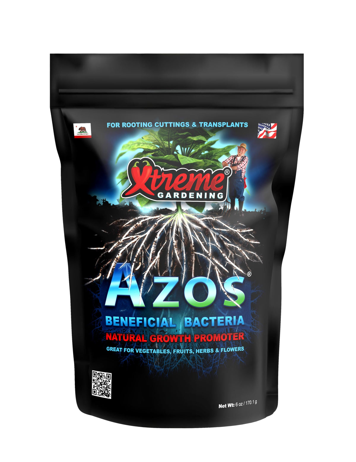 Xtreme Gardening AZOS bottle label highlights natural root stimulator benefits.