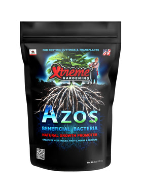 Xtreme Gardening AZOS bottle label highlights natural root stimulator benefits.