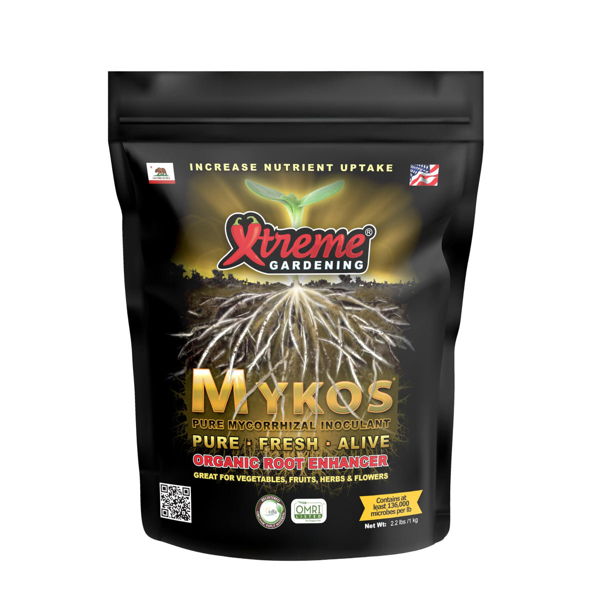 Xtreme Gardening Mykos 2.2 lb bag showing organic mycorrhizal fungi for stronger roots and higher yields.