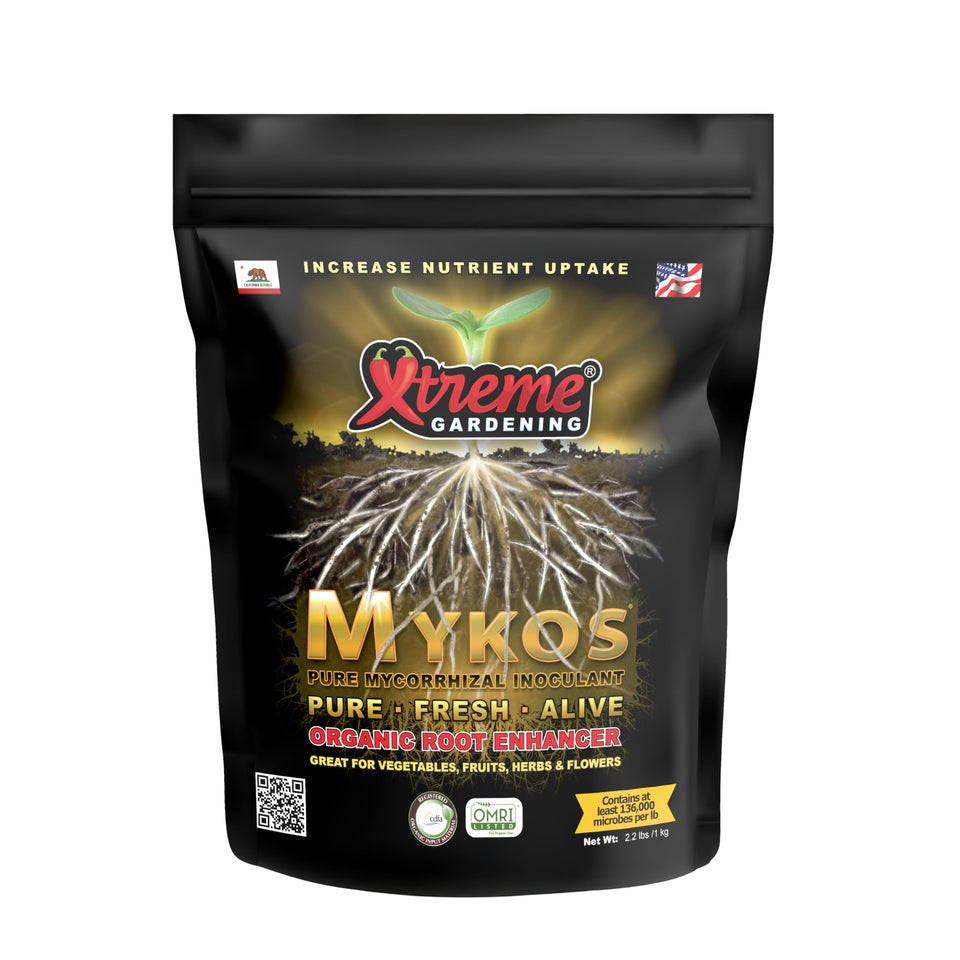 Xtreme Gardening Mykos 2.2 lb bag showing organic mycorrhizal fungi for stronger roots and higher yields.