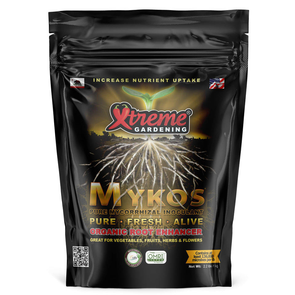 Xtreme Gardening Mykos granular inoculant bag boosts root growth and nutrient uptake.