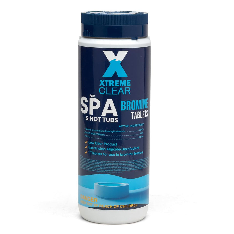 Xtremeclear bromine tablets in a 1-inch bottle for simple, low-odor spa sanitization