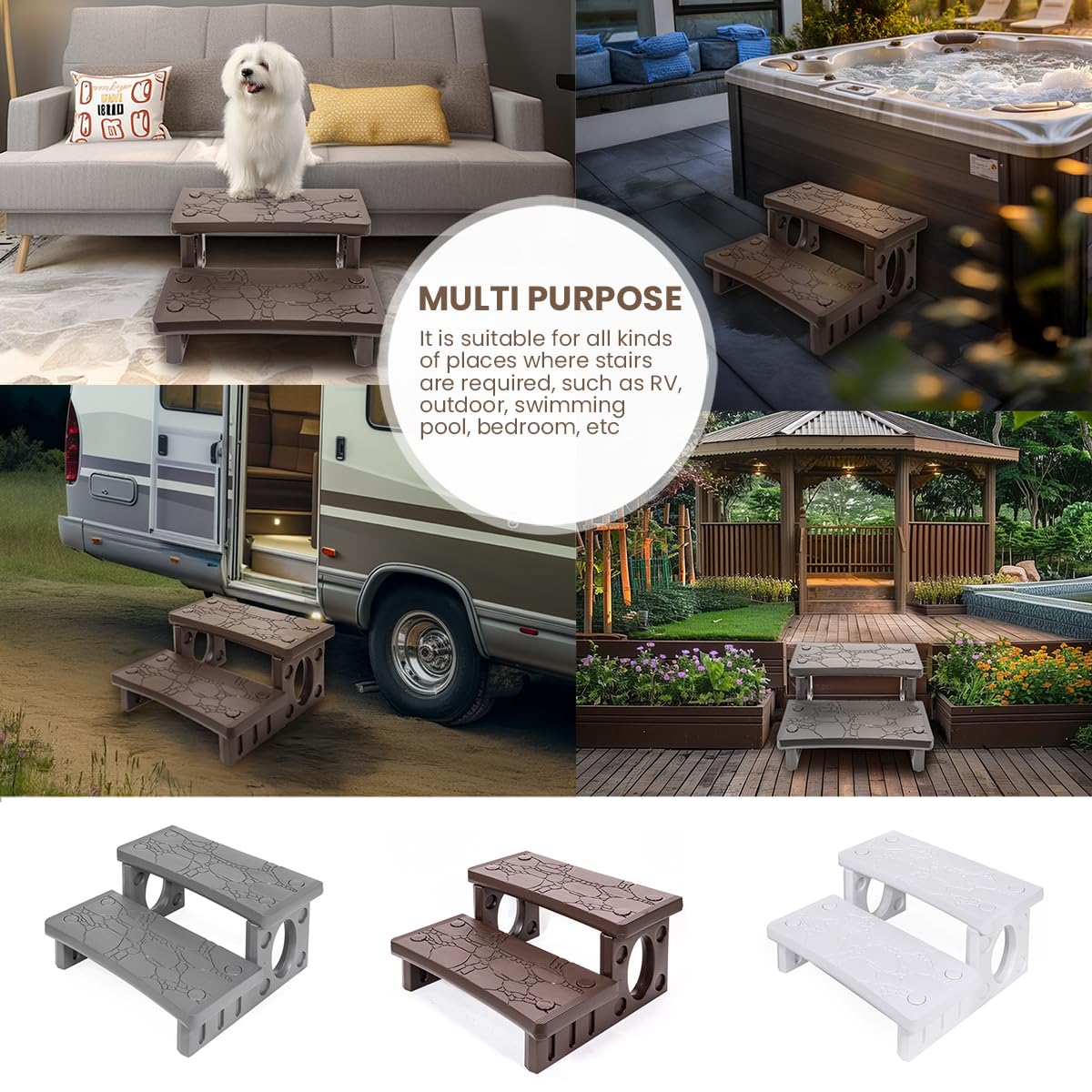 XtremepowerUS 2-Step spa steps mocha side view highlighting anti-skid surface.