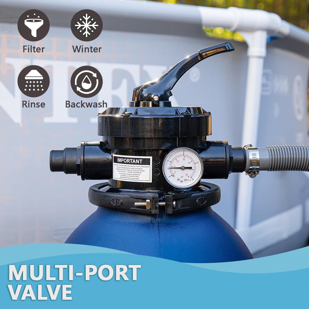 XtremepowerUS four-way valve in use for flexible water care.