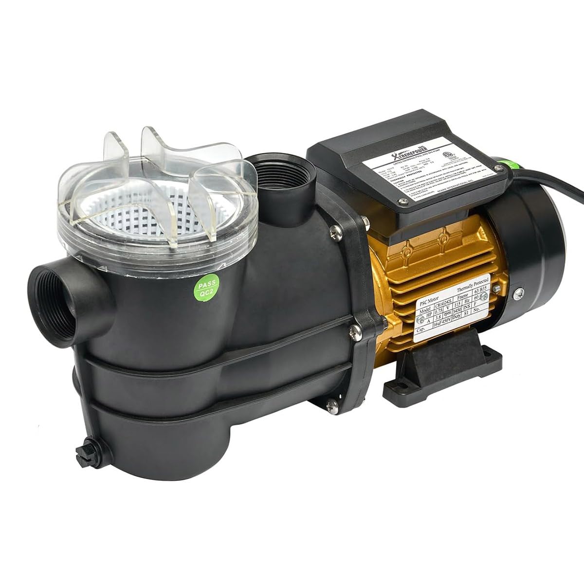 XtremepowerUS pool pump front view highlighting compact, weather-ready design.