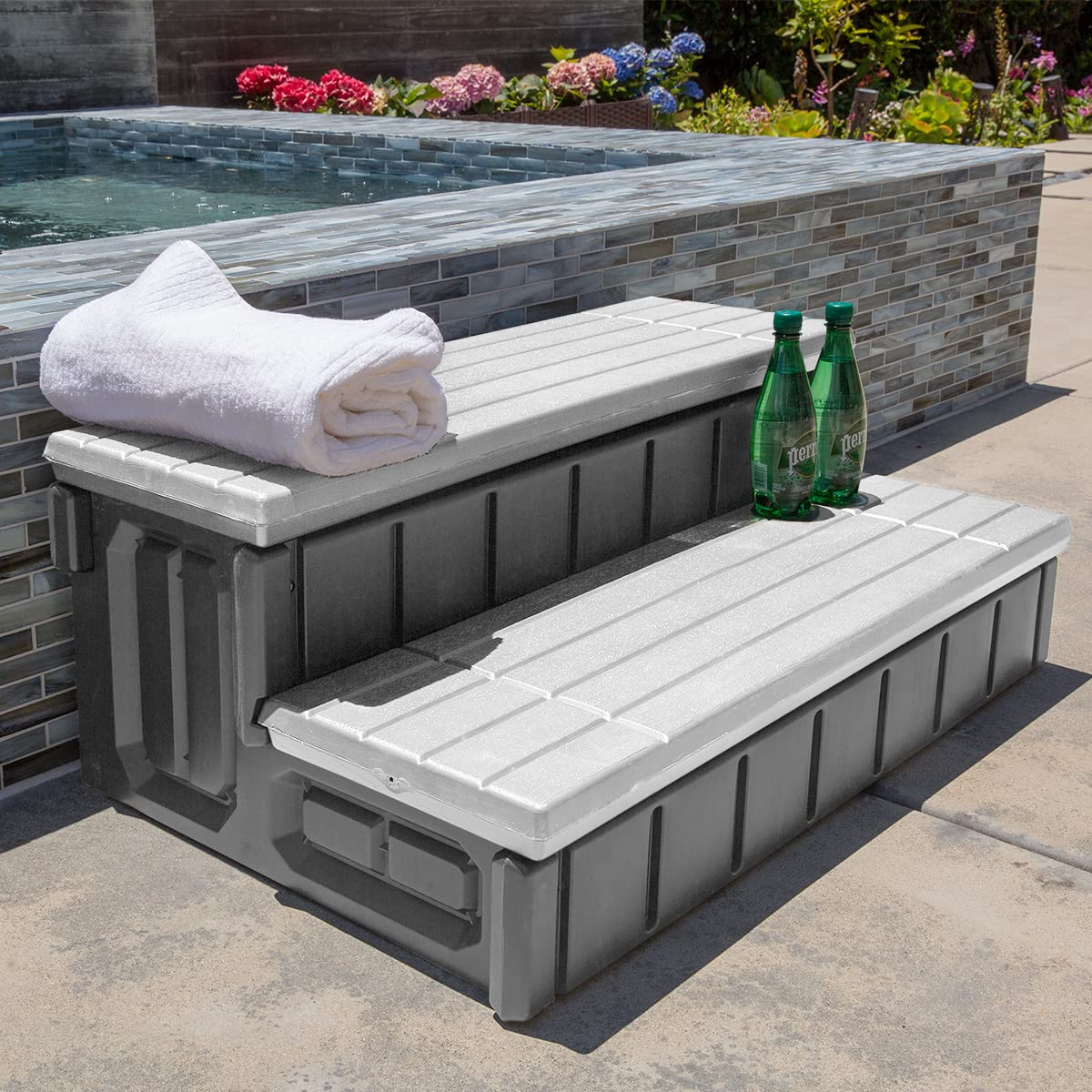 XtremepowerUS universal 2-step spa steps with storage, closed, keeps spa accessories organized and within reach.