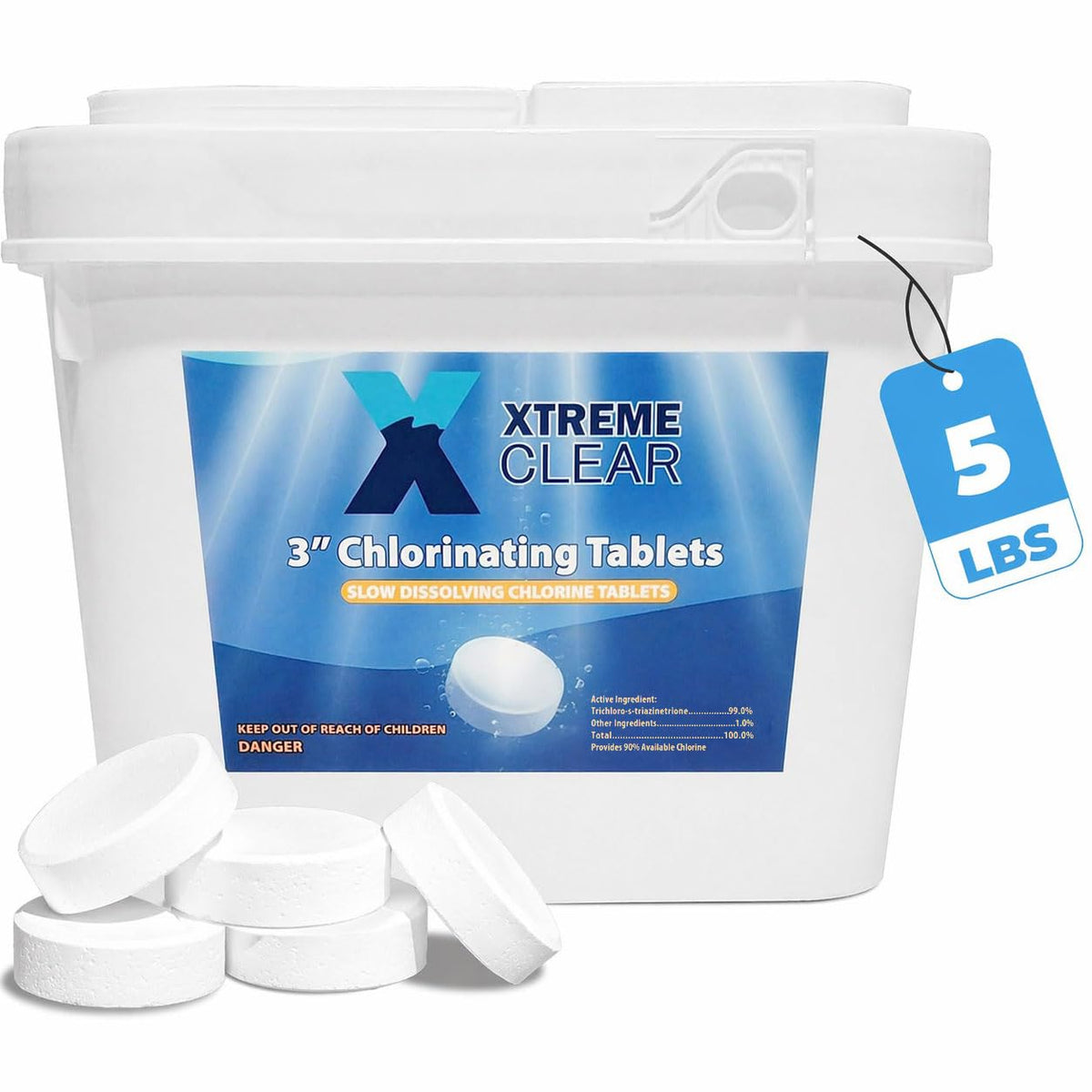 Xtremeclear 3inch tablets in bucket front view for easy dosing