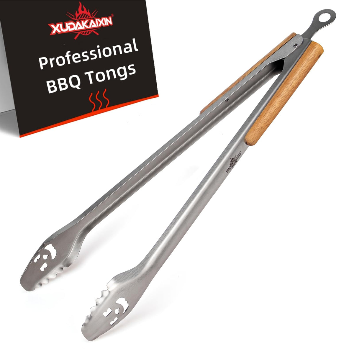 XUDAKAIXIN 25-inch tongs with acacia handle for safe grilling